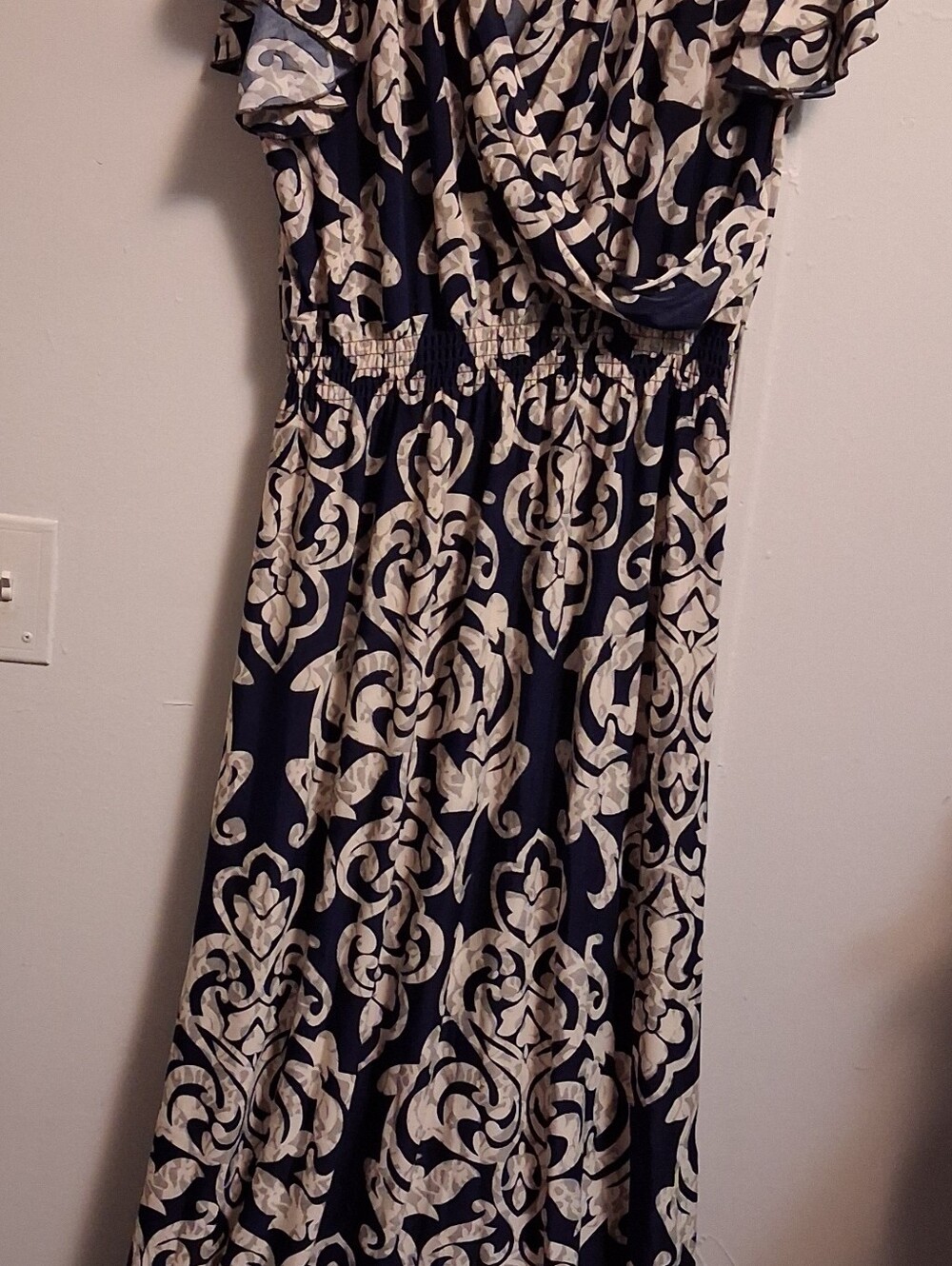 Smocked Waist Navy and Cream Maxi Dress